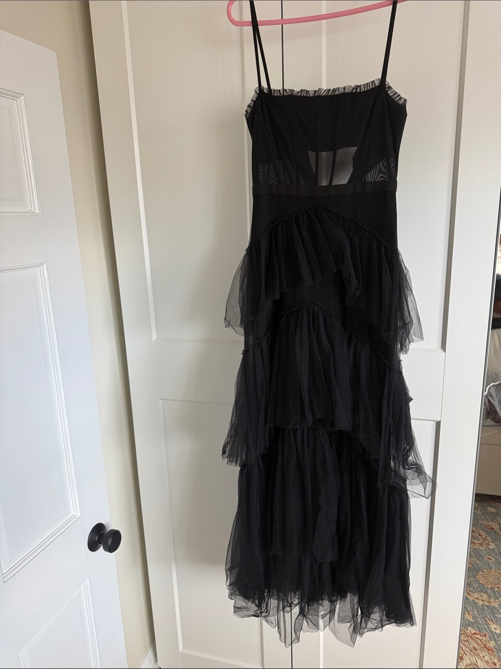 Betsy & Adam Black Strapless Tiered Tulle Gown